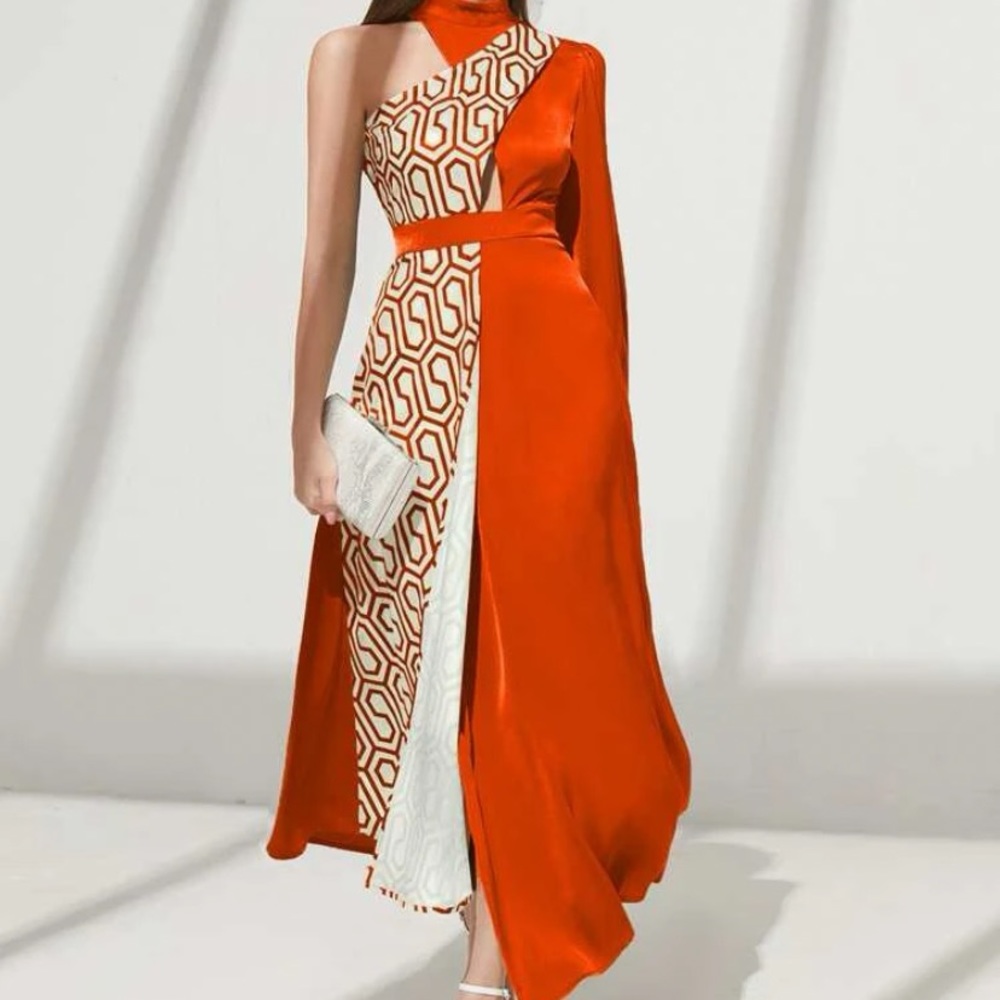Geo Print One Shoulder Satin A-line Dress